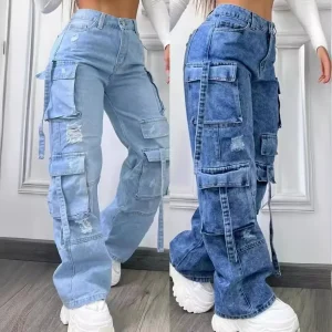 women-denim-trousers-fashionable-solid-color-versatile-multi-pocket-casual-pants-ladies-large-size-high-waist-denim-2025