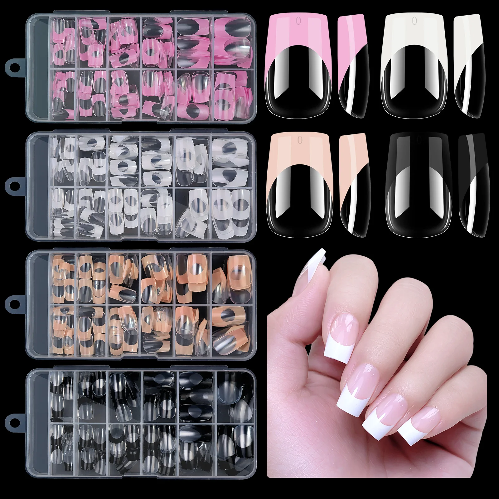 120pcs/box Acrylic French False Nails Medium Length Square Armor Full Cover Nail Tips Can Be Removable Mixed Size Press On Nails