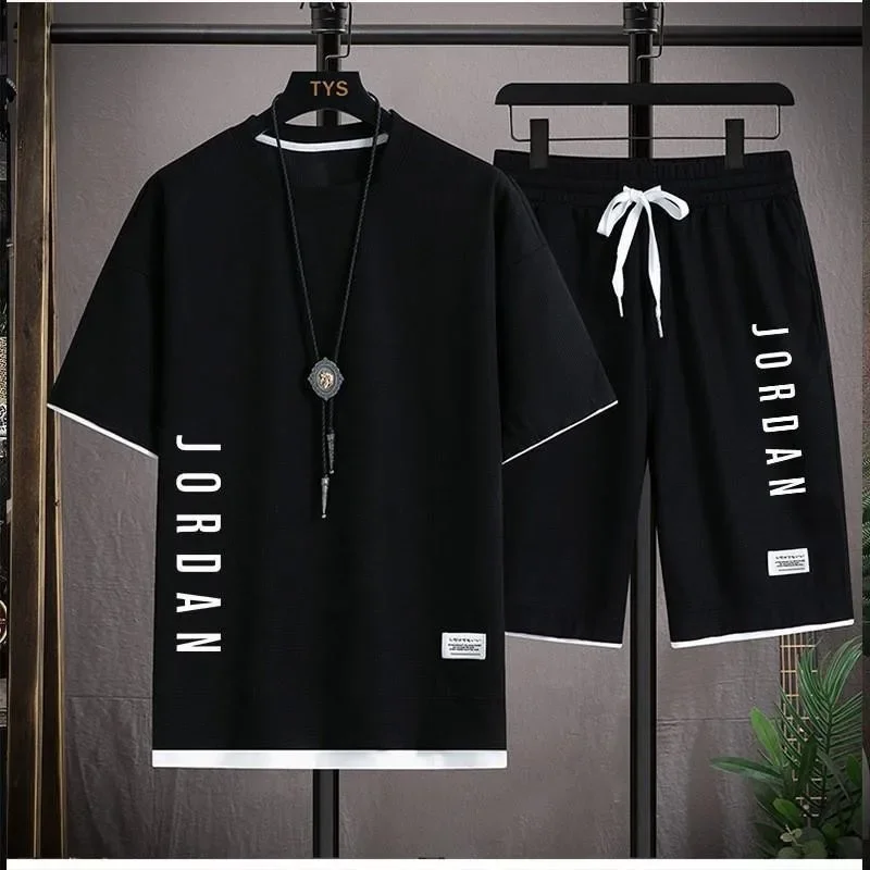 2024 Men’s Summer Waffle Set Brand Fashion Casual T-shirt+Shorts Set Men’s Sports Set Loose ComfortableSlow RunningQuick Dr