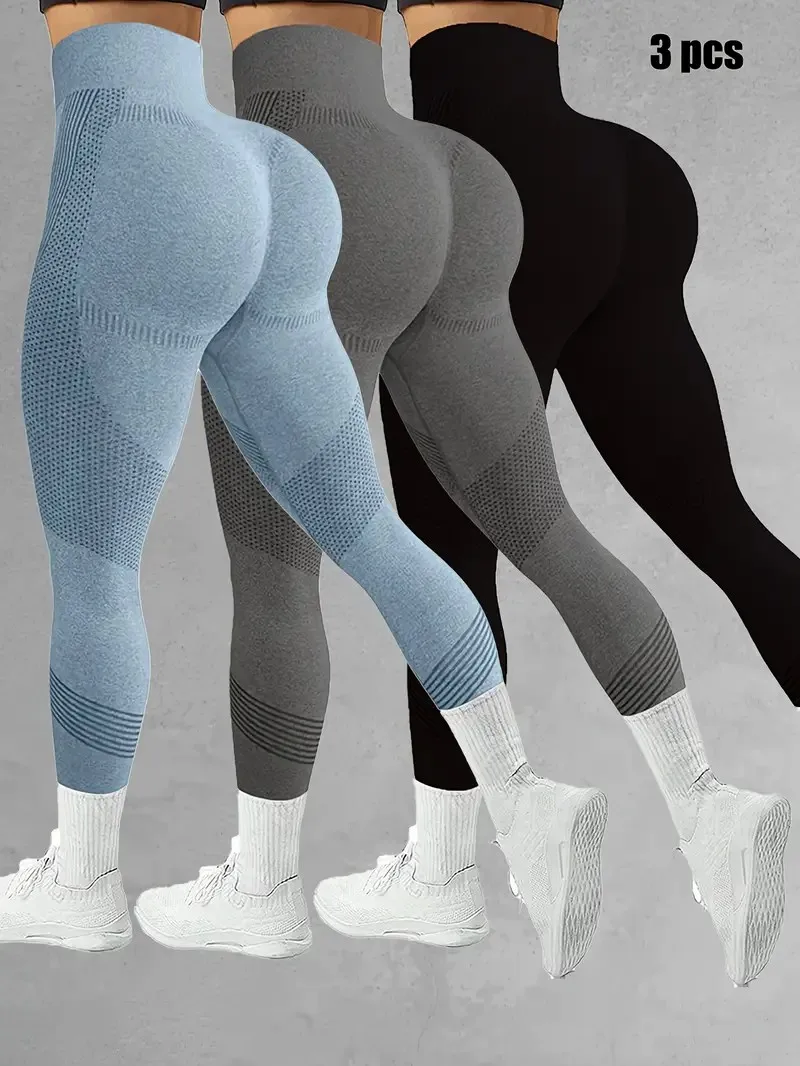 3-Pack Women’s High-Waist Yoga Pants Stretch Striped Knit Fabric Skinny Fit Elastic Waistband Breathable Sports