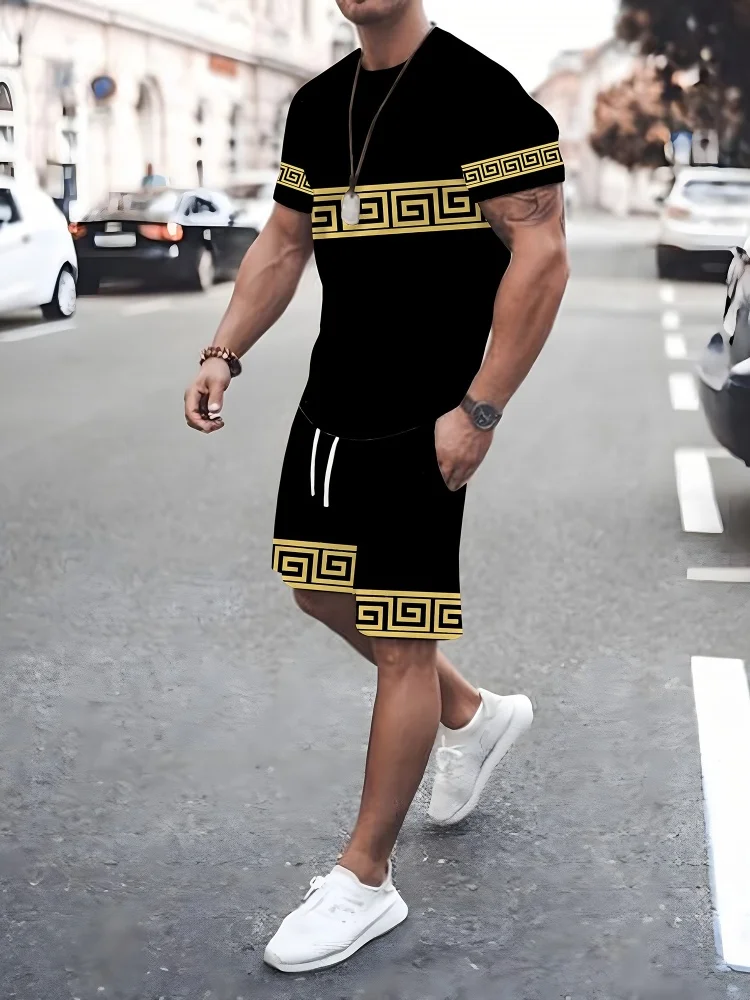 2-piece Vintage Printed Men’s Short Sleeve Shorts Set Summer Casual Everyday Men’s T-shirt Outdoor Sports Men’s Beach Shorts