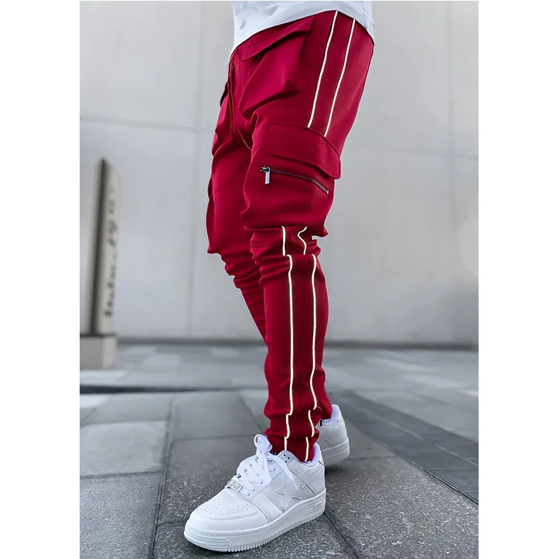 Spring And Autumn Cargo Pants Men’s Fashion Brand Elastic Multi-bag Reflective Straight Leg Sports Fitness Casual Pants