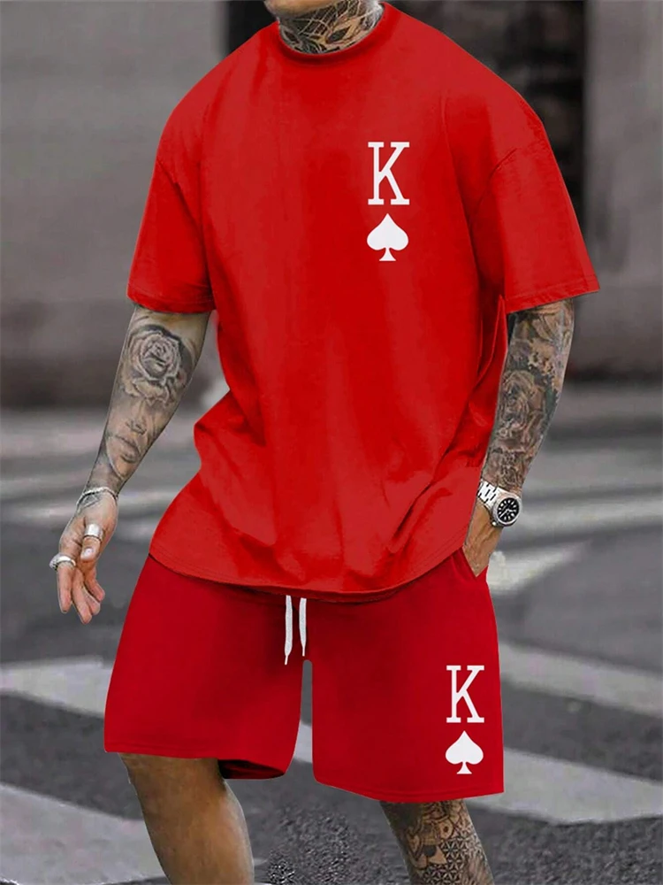 2025 Summer New Men’s Short sleeved Shorts Set Fashion King Printed T-shirt Shorts 2 sets Casual Round Neck Jumping Breathable S