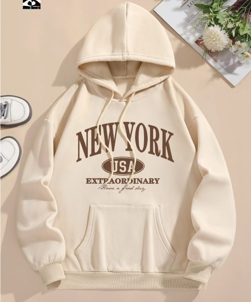 Letter Print Hoodie, Drawstring Long Sleeve Casual Hooded Sweatshirt For Winter & Fall, Women’s Clothing