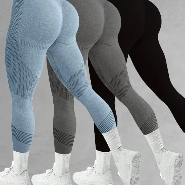 3-Pack Women’s High-Waist Yoga Pants Stretch Striped Knit Fabric Skinny Fit Elastic Waistband Breathable Sports