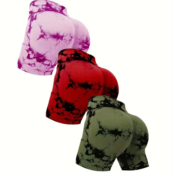 3pcs women’s sports waist tightening and hip lifting fitness tie dye shorts