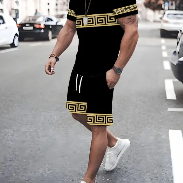 2-piece Vintage Printed Men’s Short Sleeve Shorts Set Summer Casual Everyday Men’s T-shirt Outdoor Sports Men’s Beach Shorts