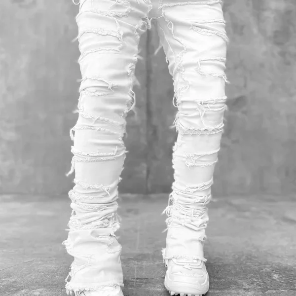 New Men’s Fashion Jeans Work Pants, European and American Fashion Workwear Elastic Patchwork Denim Layered Flared Pants S-XXL