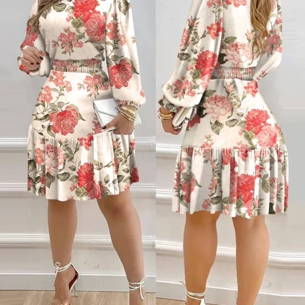 Autumn Women Floral Print Shirred Ruffle Dress 2022 Femme Casual Lantern Sleeve Robe Office Lady Dress Outfits Traf Vestid