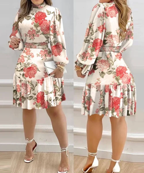 Autumn Women Floral Print Shirred Ruffle Dress 2022 Femme Casual Lantern Sleeve Robe Office Lady Dress Outfits Traf Vestid