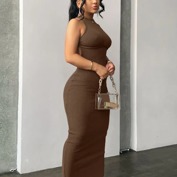 Hugcitar Ribbed Solid Hollow Out Backless Sleeveless Sexy Slit Mini Dress Bodycon 2025 Spring Women Outfits Elegant Party Y2K