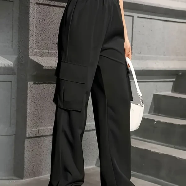 Elastic Waist Fashionable Workwear Pants High Waist Wide Leg Pants Loose Solid Color Casual Sports Pants WOMEN’S Sportswear